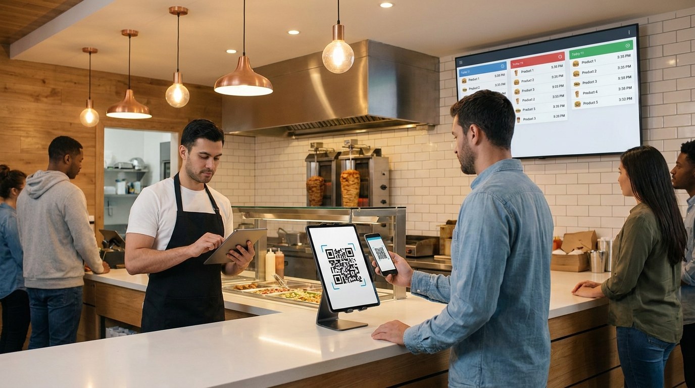 Kunde scannt QR-Code, während Bestellungen am Dashboard organisiert werden